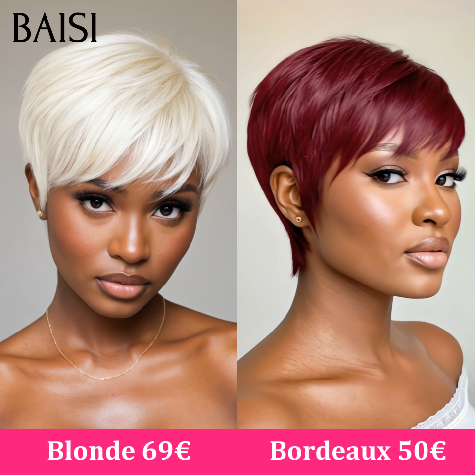 BAISI Sans Lace Sans Colle Perruque  LEA  petite coupe Pixie Lisse Trois Couleurs Noir 1B# ou Bordeaux 99J# ou Blonde 613# fabriqué à la machine en 100% CHEVEUX HUMAINS #026