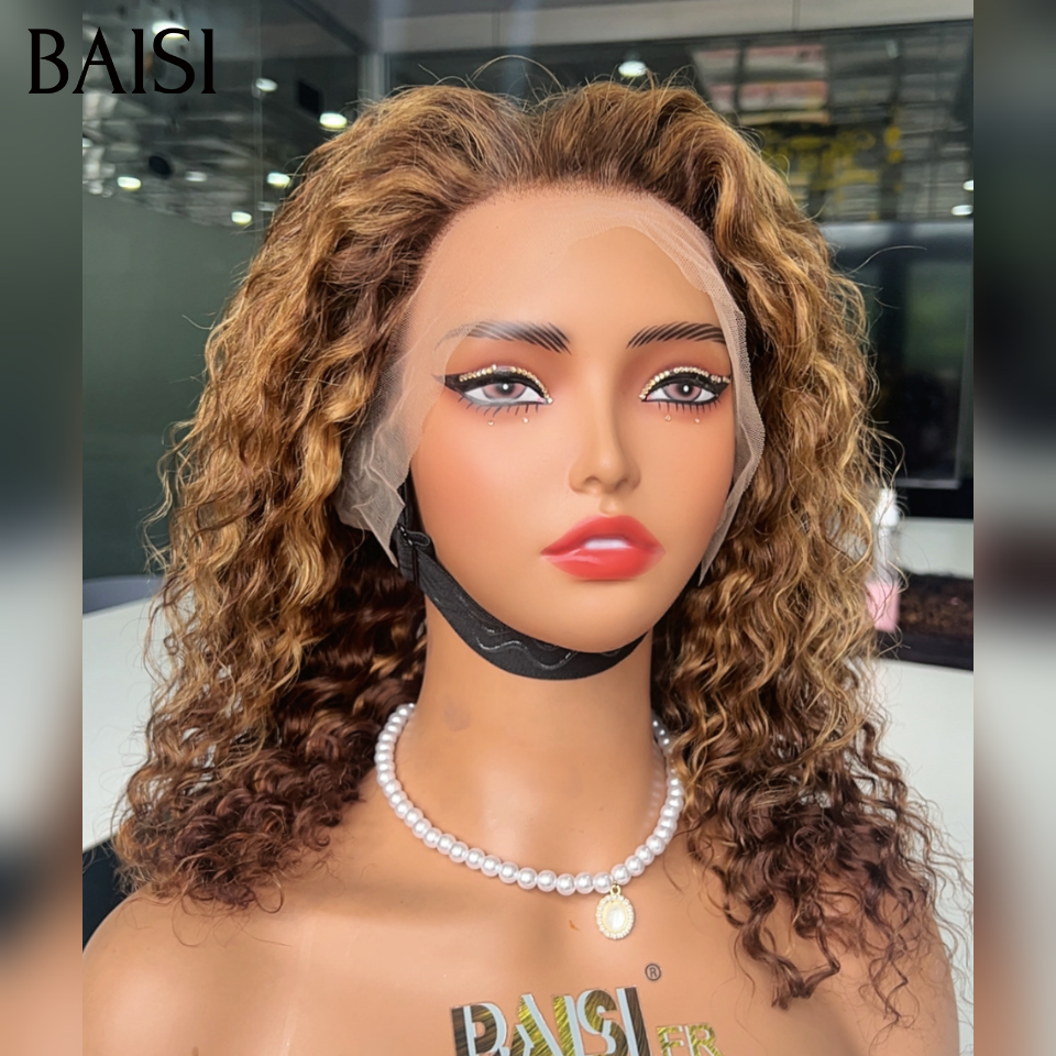 BAISI Perruque 13x4 lace frontal deep wave 14 pouce ou 18 Pouces  marron mixte miel en 100% Cheveux Humains