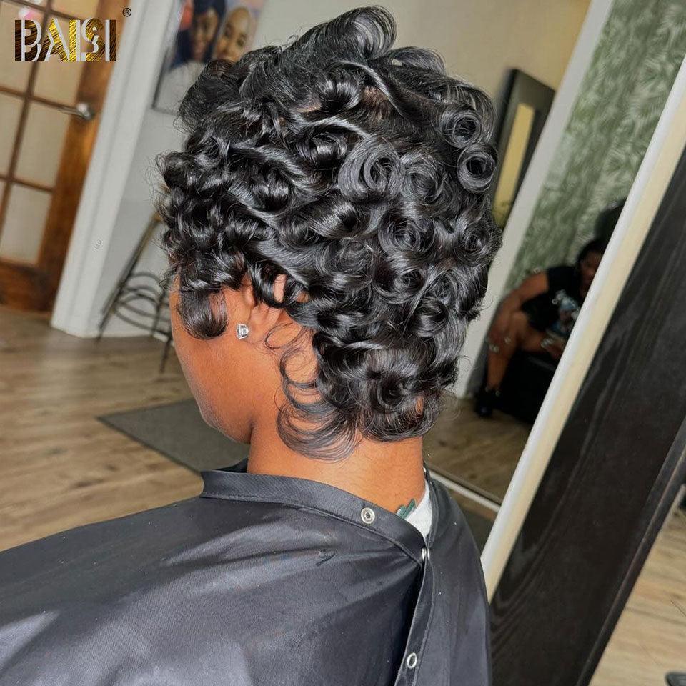 BAISI Perruque Full Lace 100% Cheveux Naturels Perruque Ondulée Coupe Pixie Full Lace  Finger Wave petite coupe en Couleur Noir en 100% cheveux humains