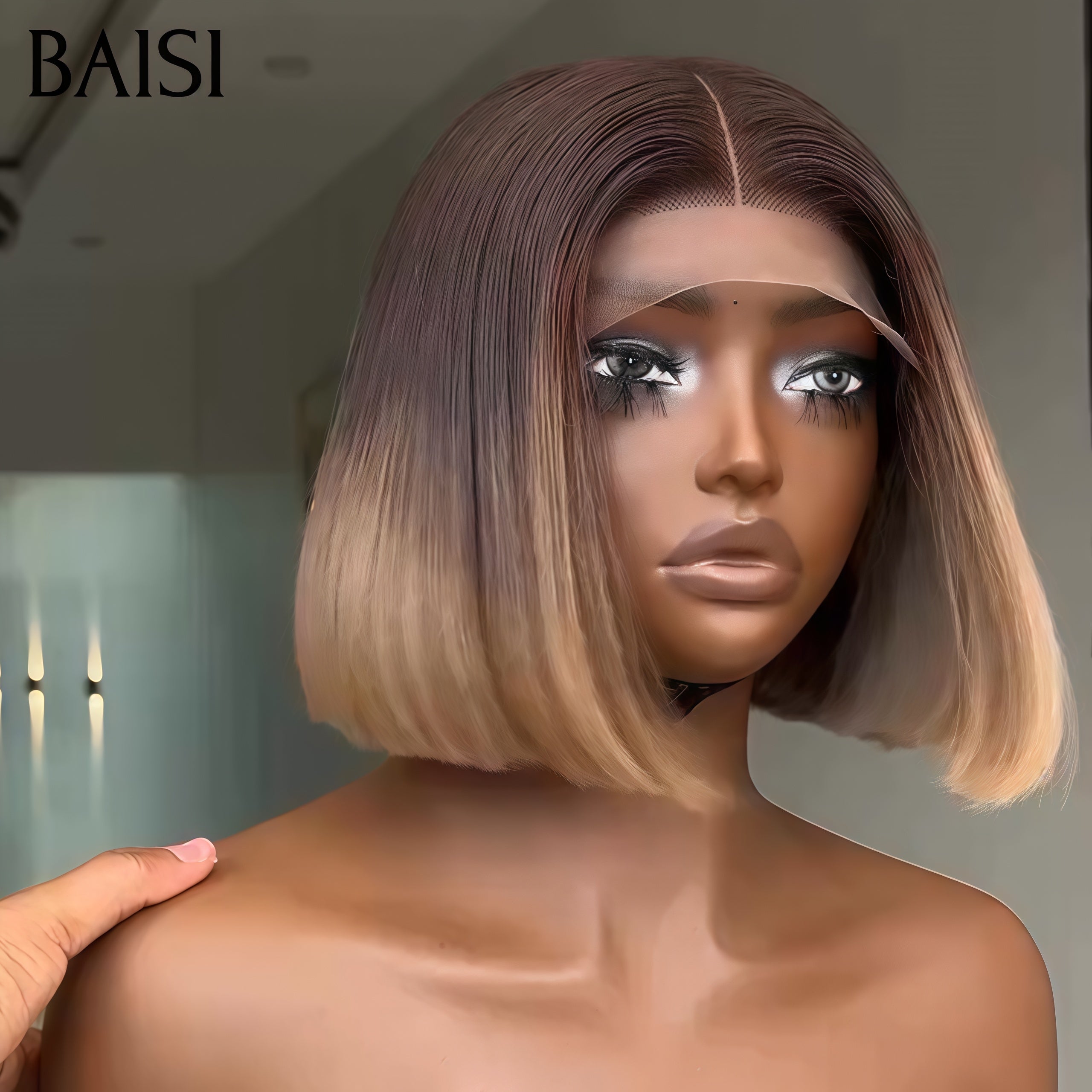 BAISI 13x4 lace frontal Perruque Bob lisse 10 Pouces 75€ Couleurs personnalisées Miel avec racine Marron en 100% Cheveux Humains