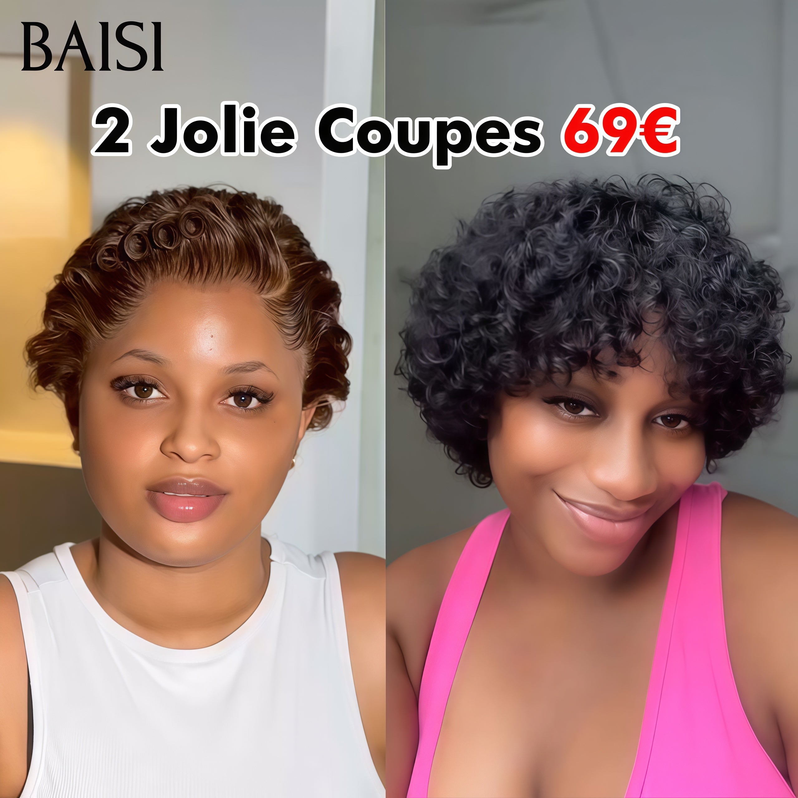 BAISI  PROMOTION 69€ 2 perruques pixie 13X4 lace frontal Marron et sans Colle NOIR Moitié Prix 100% vrais cheveux humains