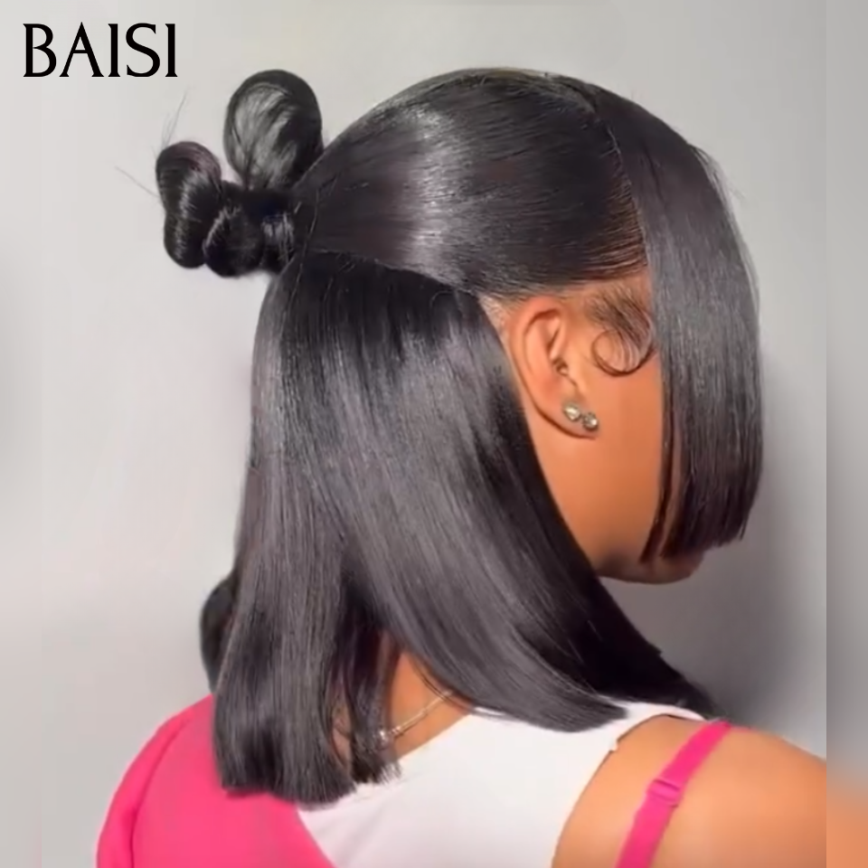 BAISI 13x4 lace Perruque Coiffée Bob Lisse Noir 1B#  10Pouces 85€ Coiffure Tendance en 100% Cheveux Humains