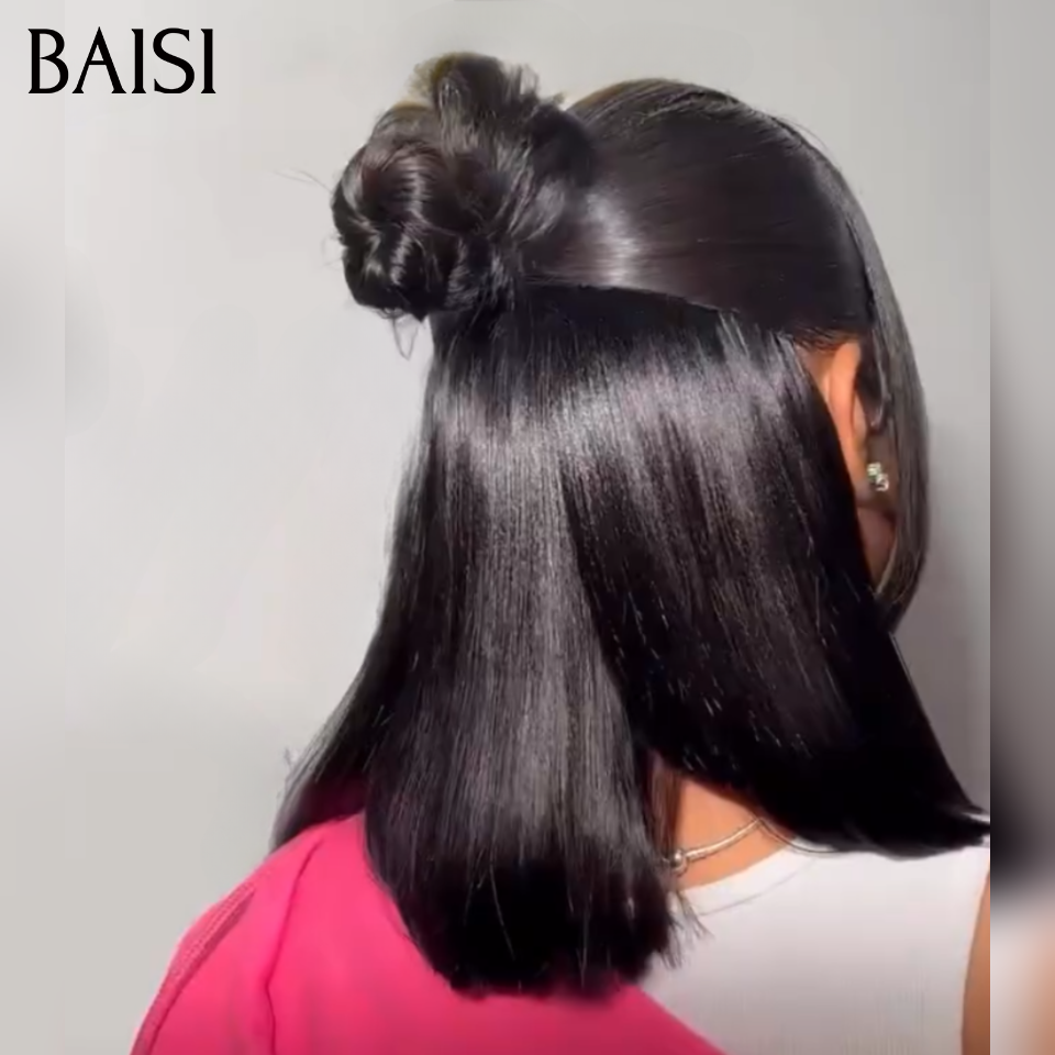 BAISI 13x4 lace Perruque Coiffée Bob Lisse Noir 1B#  10Pouces 85€ Coiffure Tendance en 100% Cheveux Humains