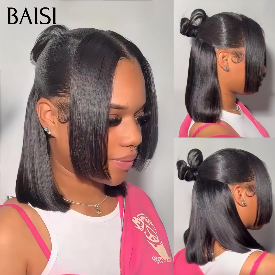 BAISI 13x4 lace Perruque Coiffée Bob Lisse Noir 1B#  10Pouces 85€ Coiffure Tendance en 100% Cheveux Humains