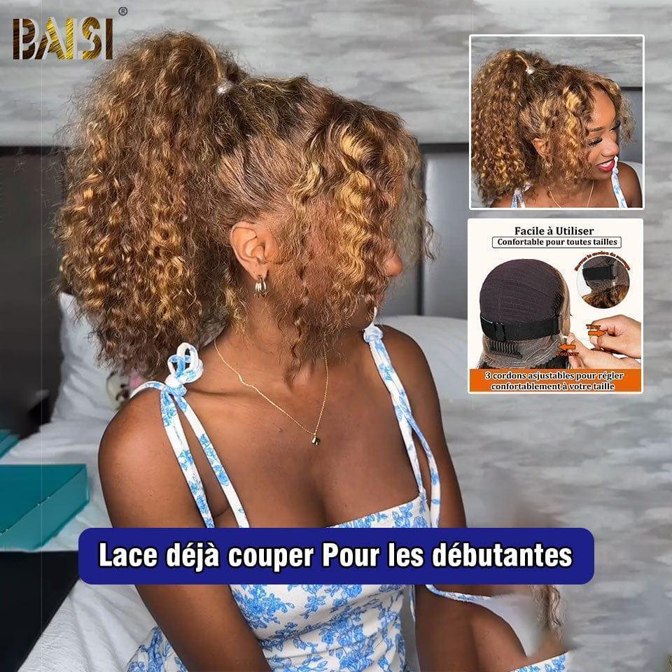 Parrucca BAISI Upgrade Cinturino invisibile 360 ​​Onda riccia frontale in colore marrone miele mix 4#27# Pizzo frontale invisibile e regolabile a 360 gradi Pre-pizzicato Non necessita di colla Densità del 250% in pizzo 100% capelli grezzi già tagliato