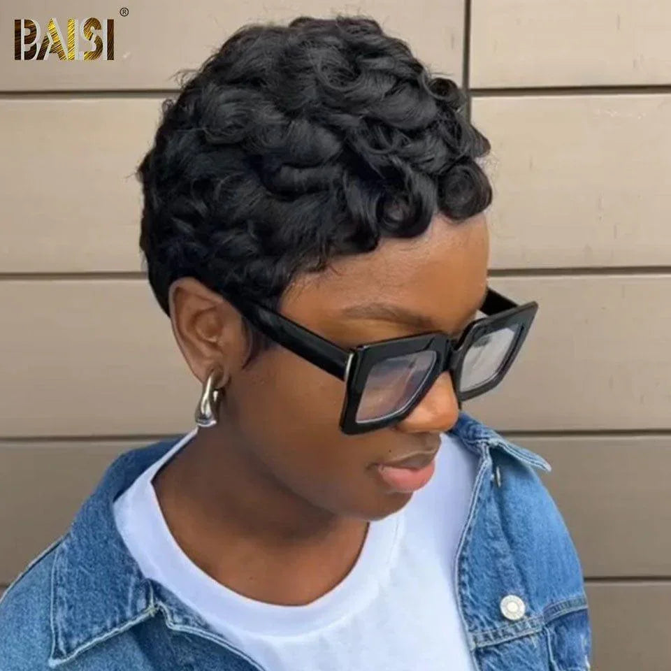 BAISI Peruca Pixie Finger Wave, corte curto, sem Lace 39€ Penteado Peruca Full Lace em 100% Cabelo Humano B