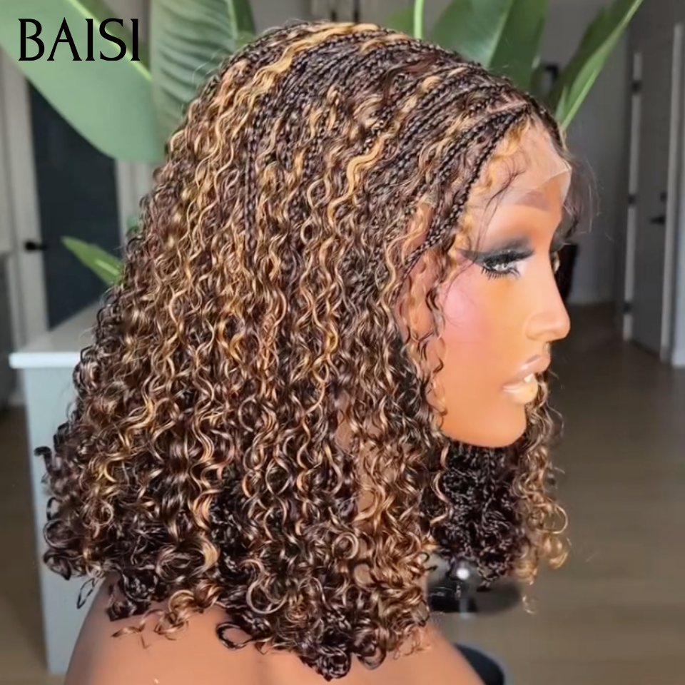 BAISI 4x4 Lace Perruque Coiffée Bouclée Curly Couleur Marron Miel 4/27# Demi Nattes Charmantes En 100% Cheveux Humains
