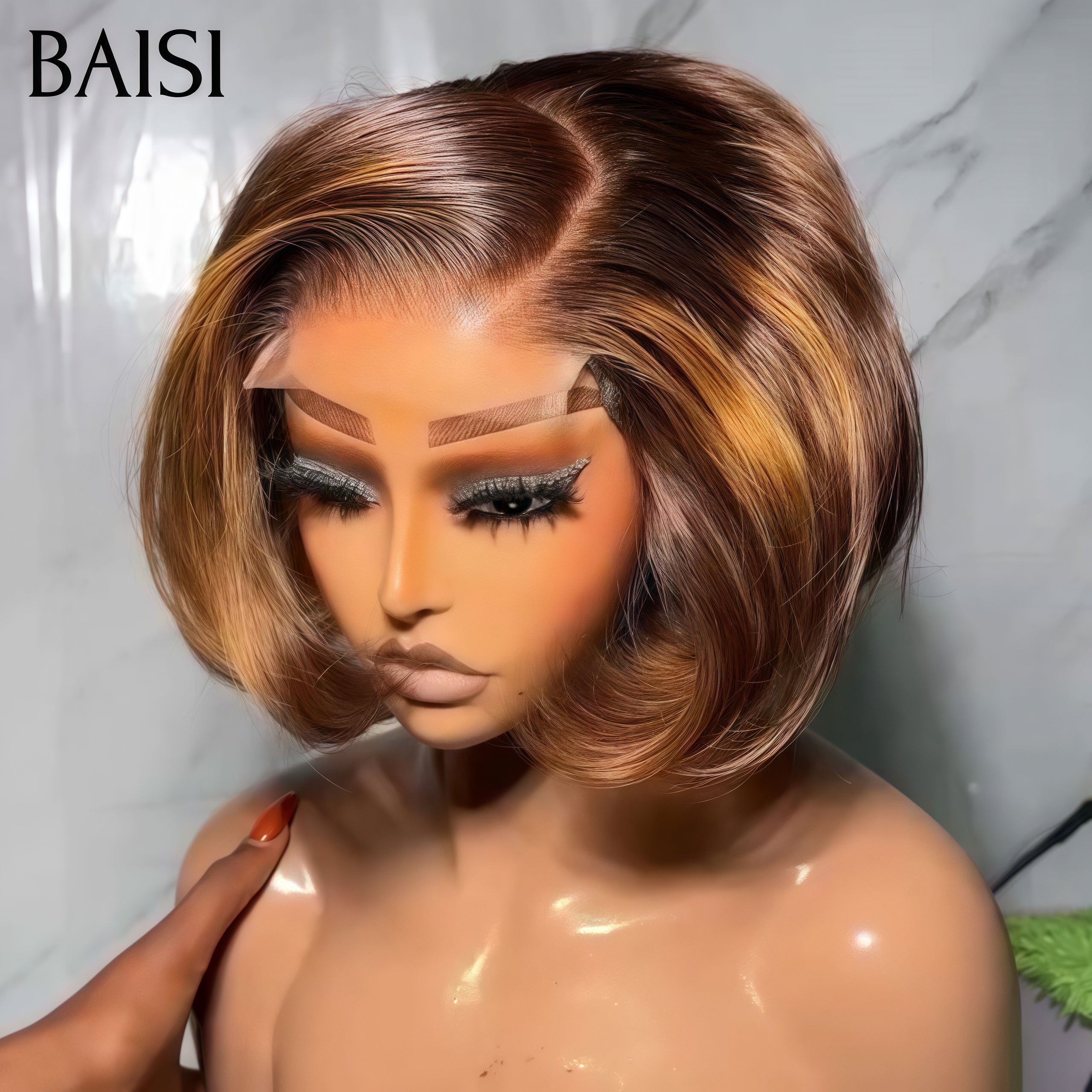 BAISI Moitié Prix 65€ 13x4 lace frontal Perruque Bob lisse 10 Pouces 75€ en couleur Marron Mixte Miel en 100% Cheveux Humains