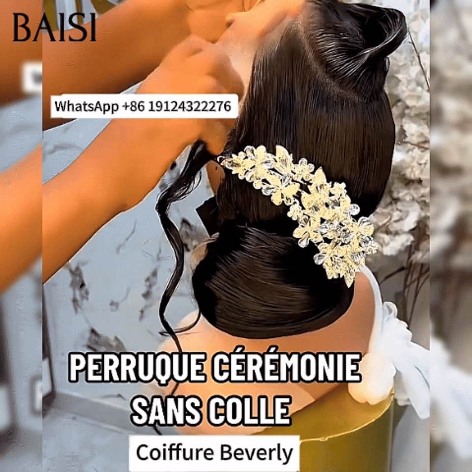BAISI Coiffure de luxe Beverly Perruques Mariage noir Prête à porter chignon et personalisation comme sur la vidéo 100% identique avec lace frontale événement spécial en couleur NOIR BS120