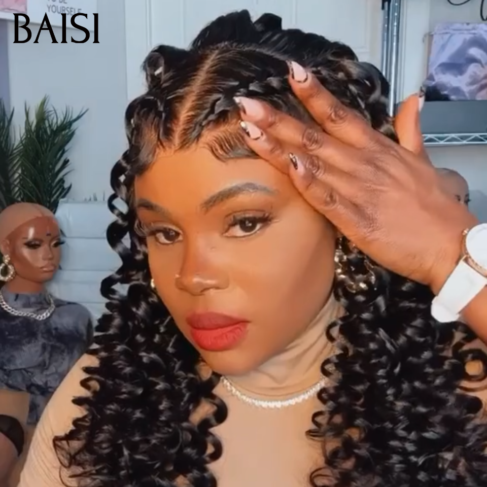 BAISI 13x4 Lace Perruque Coiffée Curly Wave 18pouces 165€ Déjà Natté  Prête A Porter Pour les Evènèments en 100% Cheveux Humains