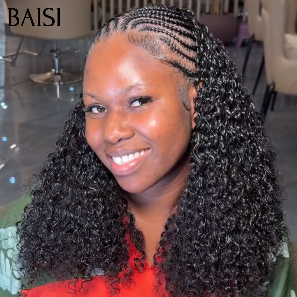 BAISI 13x6 Lace Perruque Coiffée Curly  18Pouces 168€ Couleur Noir 1B# Nattes En Feuille de Paille Contre Chaleur Super Qualité en 100% Cheveux Humais