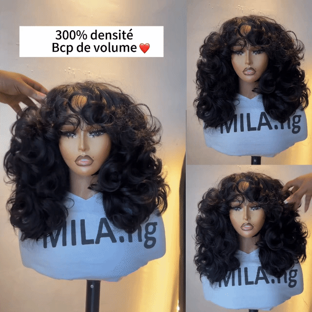 BAISI Perruques san lace de Luxe Egg Wave avec Frange 18 pouces 300%densité  100% Cheveux Humain
