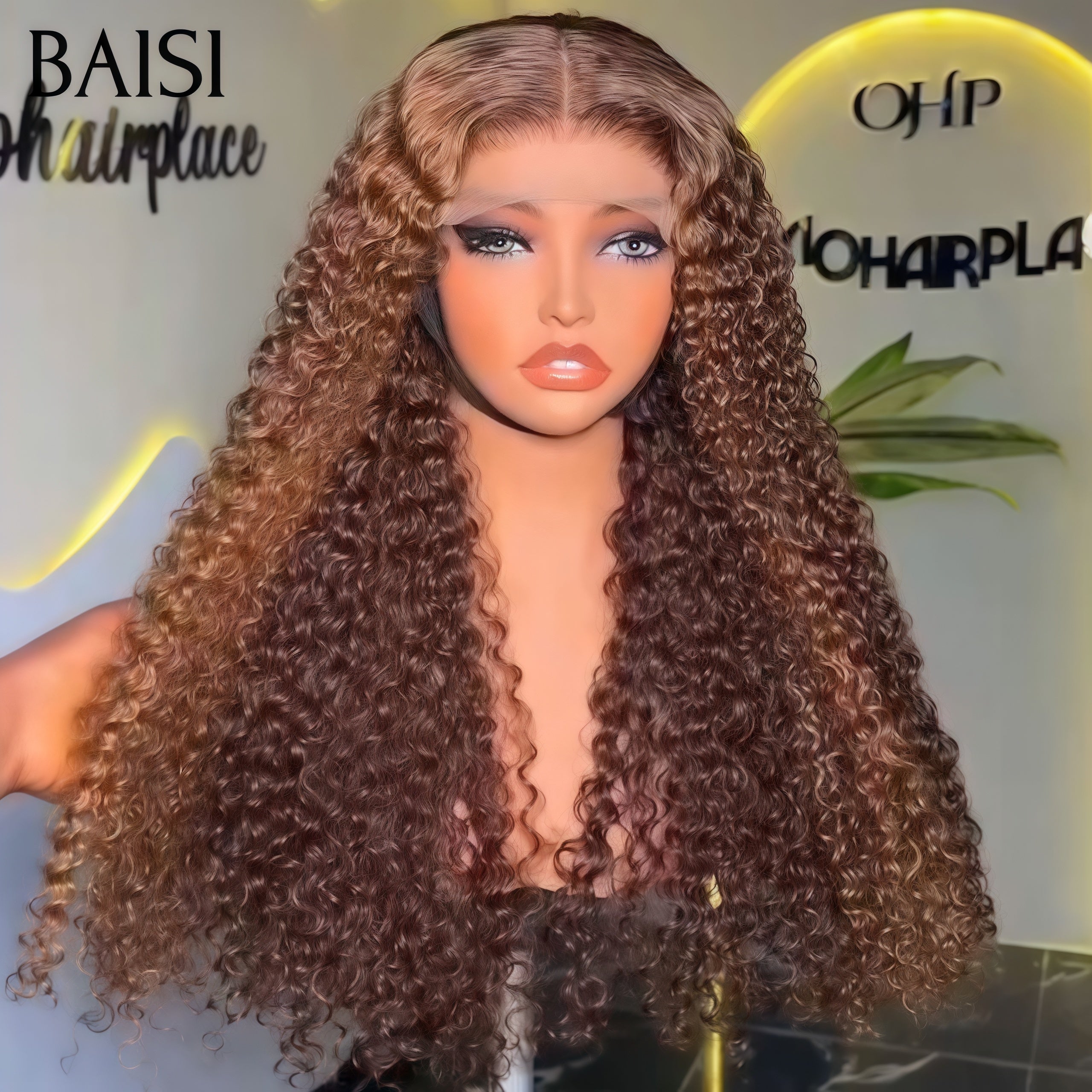 BAISI Perruque 13x4 lace frontal Curly wave pour revendre marron mixte miel 22 Pouces 129€ en 100% Cheveux Humains