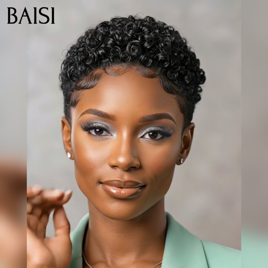 BAISI 13x4 Lace Perruque Déjà Coiffée Pixie Curly Courte Noir 74€ Seulement Coupe Garçon 100% Identique Déjà Prête A Porter en 100% Cheveux humains