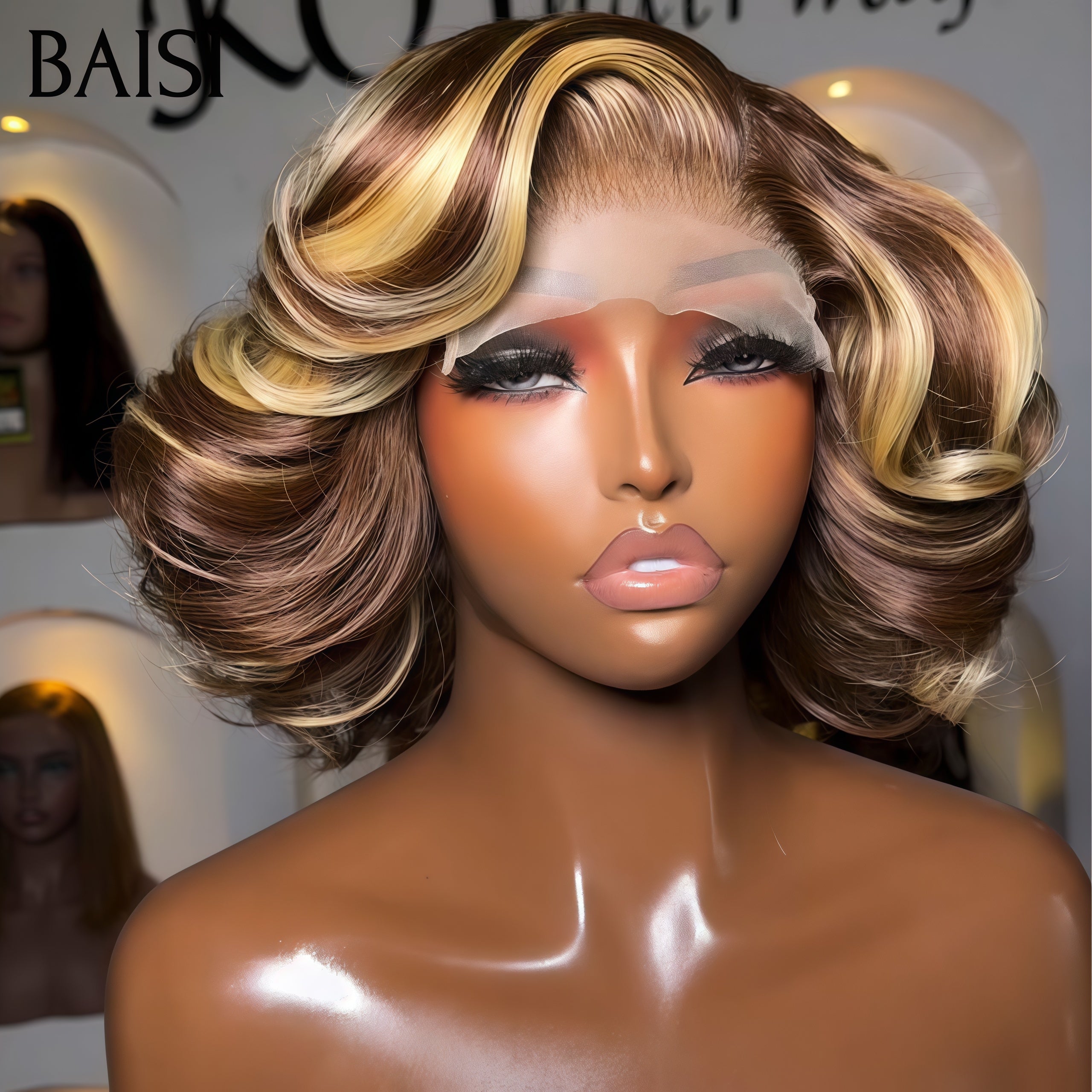 BAISI lace closure Perruque 99€ Bouclée egg wave en couleur Marron Mixte Miel en 100% Cheveux Humains BS120