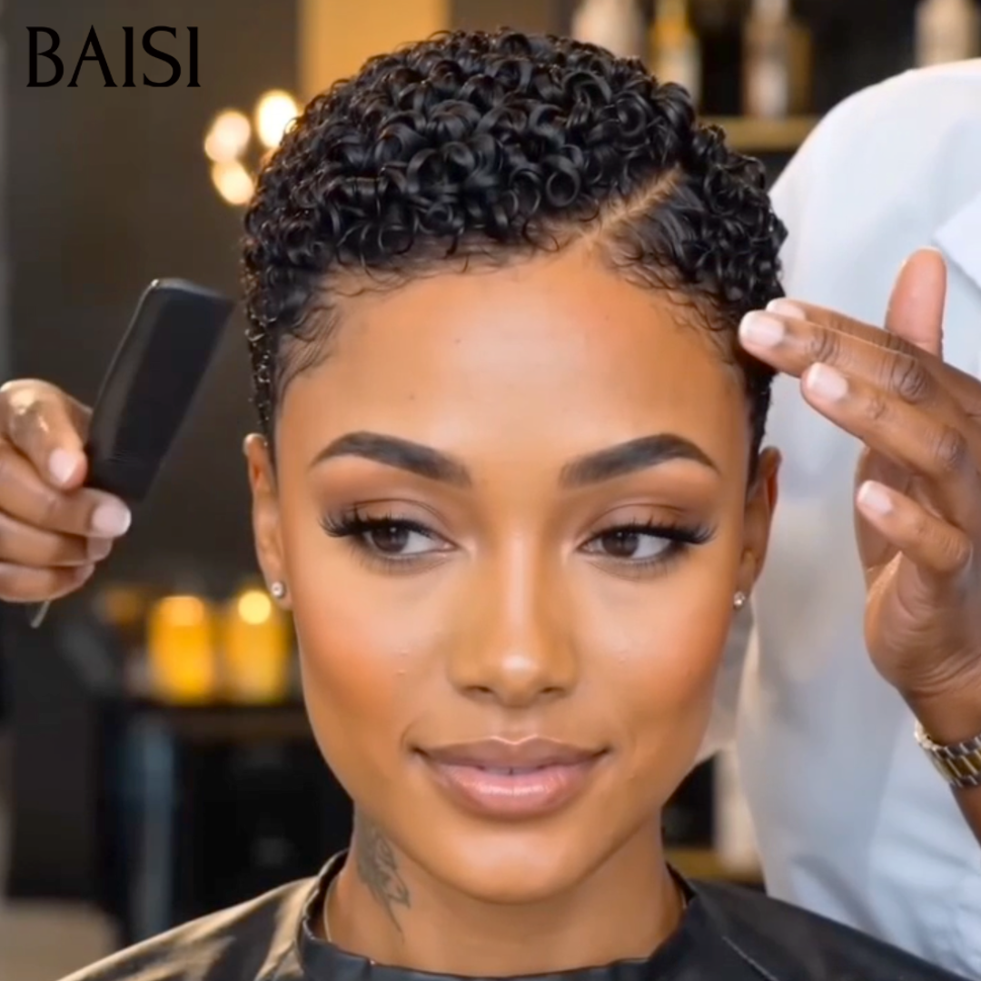 BAISI Full Lace Perruque Pixie Courte Déja Coiffée 100% Identique Dentelle Pleine 109€ Indispensable Contre la Chaleur en 100% Cheveux humains
