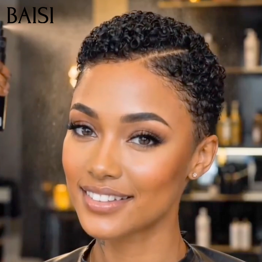 BAISI Full Lace Perruque Pixie Courte Déja Coiffée 100% Identique Dentelle Pleine 109€ Indispensable Contre la Chaleur en 100% Cheveux humains