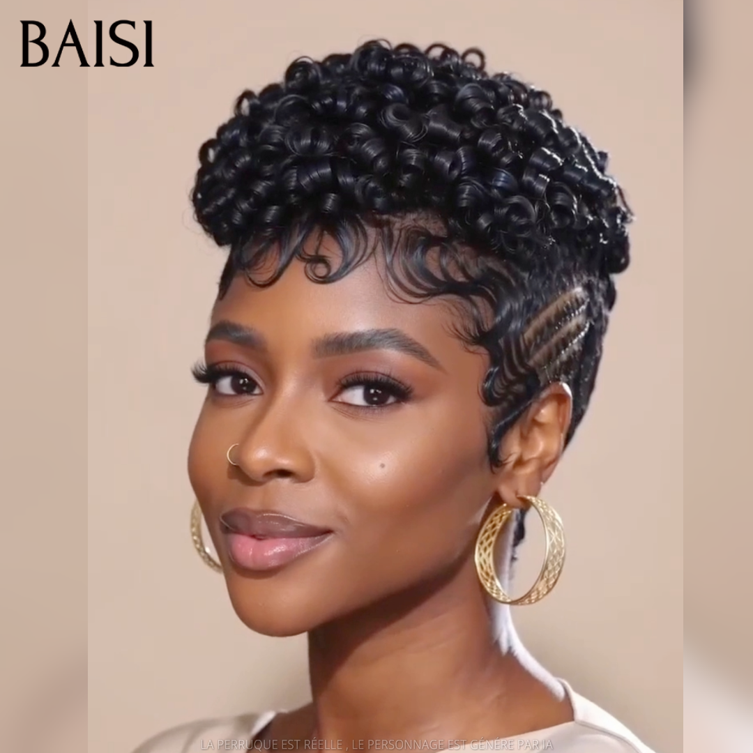 BAISI 13X4 Lace Perruque Pixie Curly Déjà Coiffée En Couleur Noir 1B# Contre Chaleur et Elégante En 100% Cheveux Humains