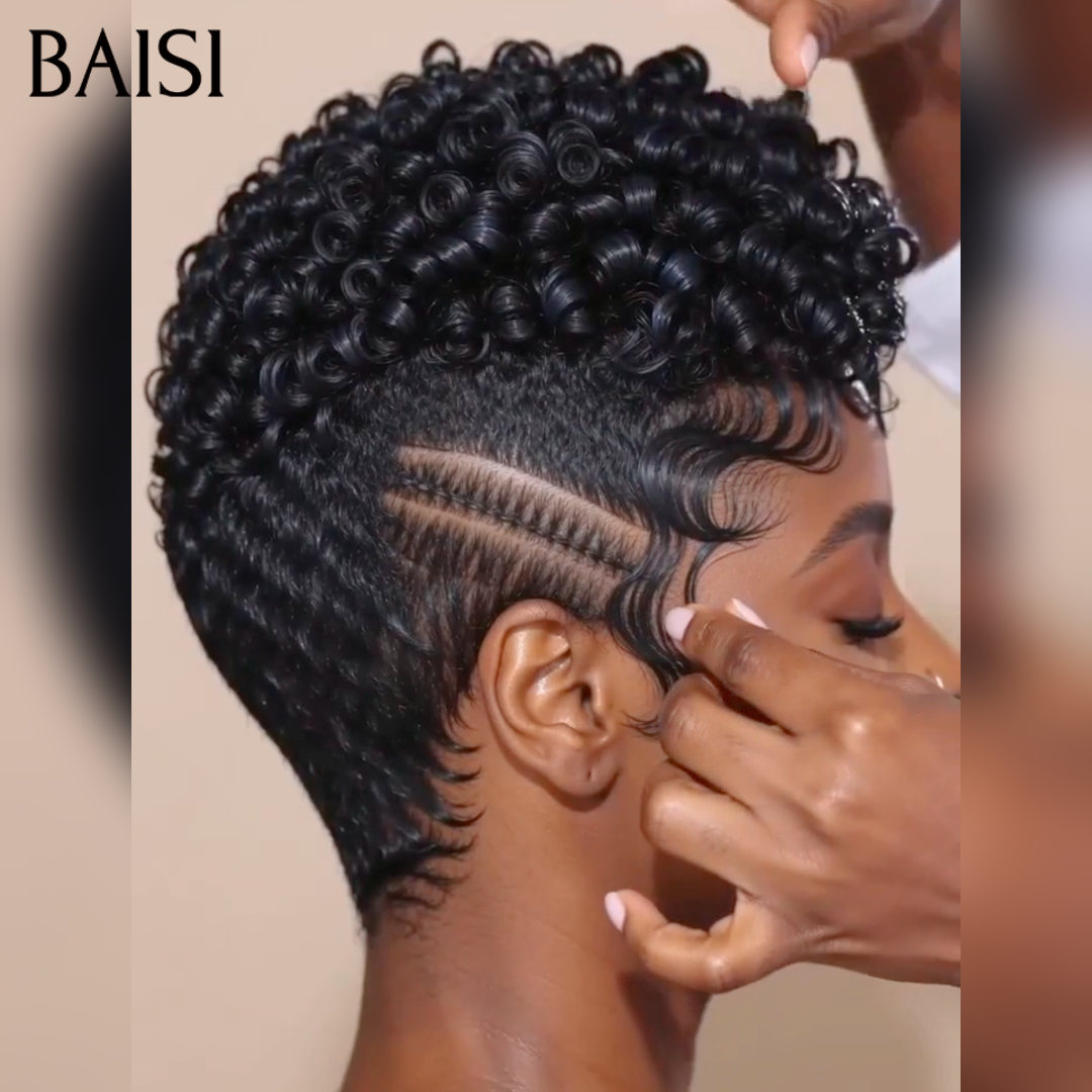 BAISI 13X4 Lace Perruque Pixie Curly Déjà Coiffée En Couleur Noir 1B# Contre Chaleur et Elégante En 100% Cheveux Humains