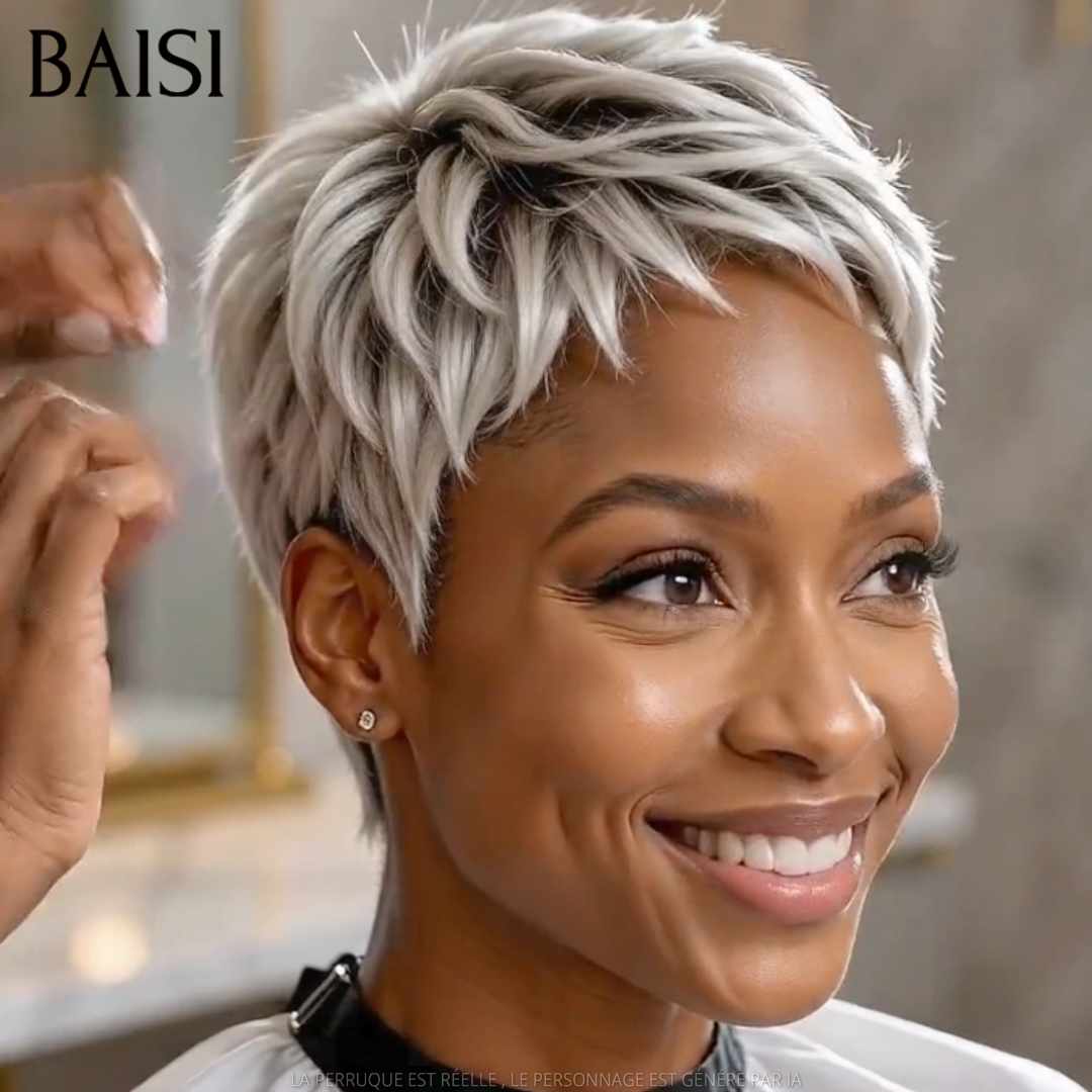 BAISI Collection Poivre et Sel Perruque  Pixie Lisse Courte 82€ En couleur #Gris Pour les Agées En 100% Vrais Cheveux Humains