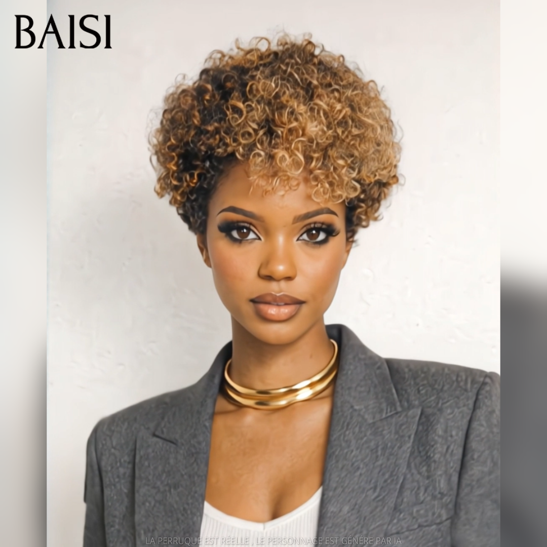 BAISI Perruque Pixie 68€ sans Colle curly wave En Couleur Mixte Miel en 100% Cheveux Humains C