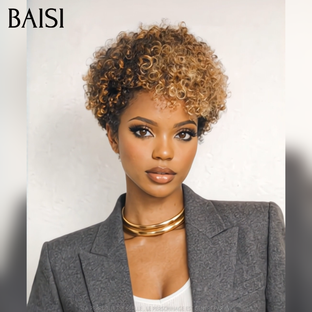 BAISI Perruque Pixie 68€ sans Colle curly wave En Couleur Mixte Miel en 100% Cheveux Humains C