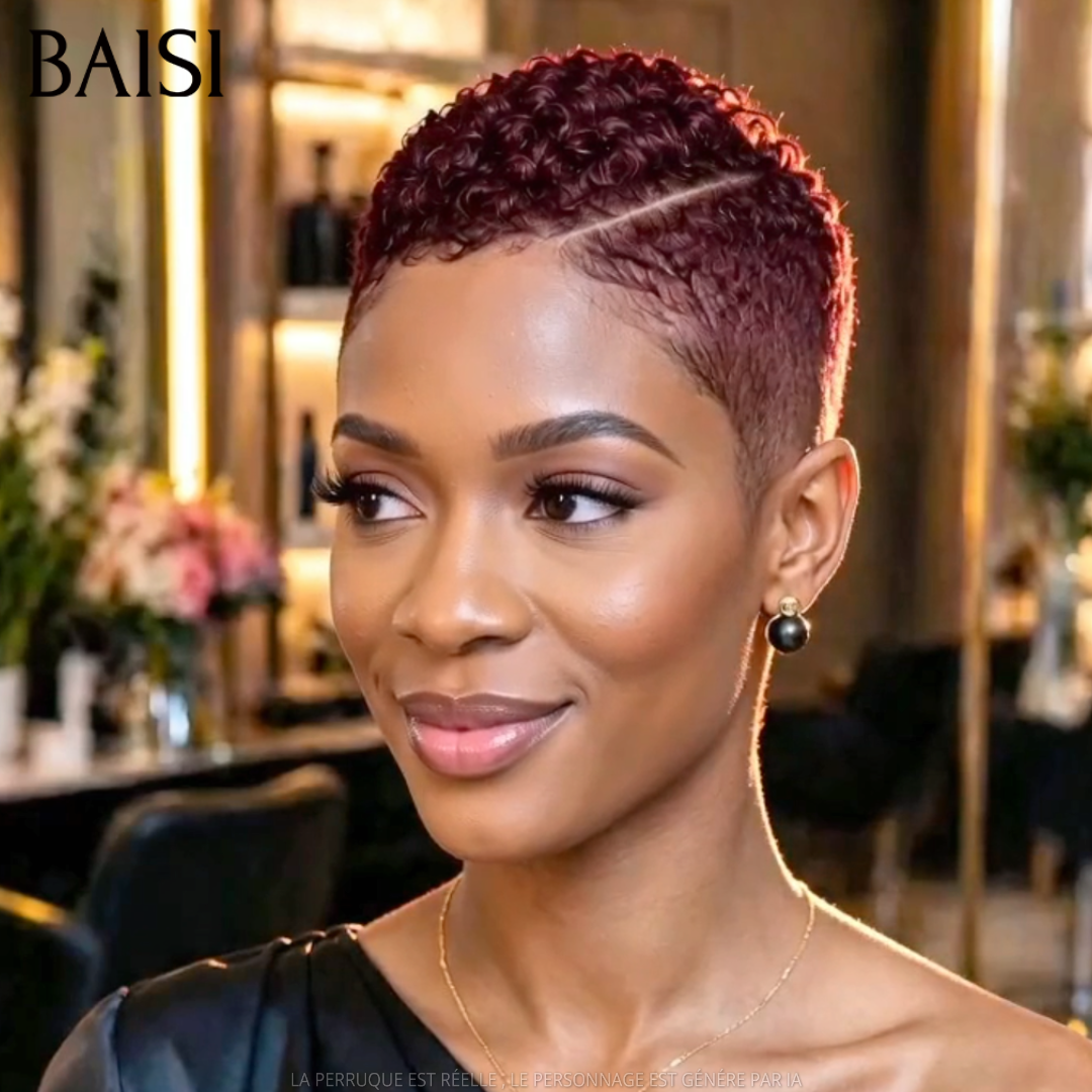 BAISI Full Lace Perruque Pixie Courte Afro Déjà Coiffée Couleur Bordeaux 99J 135€ Respirante et  Super Chic en 100% Cheveux humains