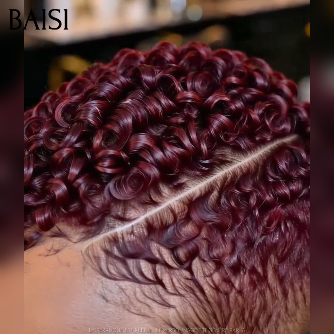 BAISI Full Lace Perruque Pixie Courte Afro Déjà Coiffée Couleur Bordeaux 99J 135€ Respirante et  Super Chic en 100% Cheveux humains