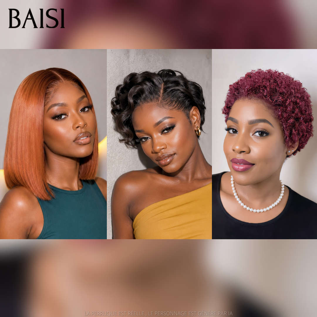 BAISI Lot de 3 Perruques Pixie Bouclée + Bob lisse Marron Rouge Bordeau et Noir 148€ Mixage Très Rentable pour Revendeurs en 100% Cheveux humains