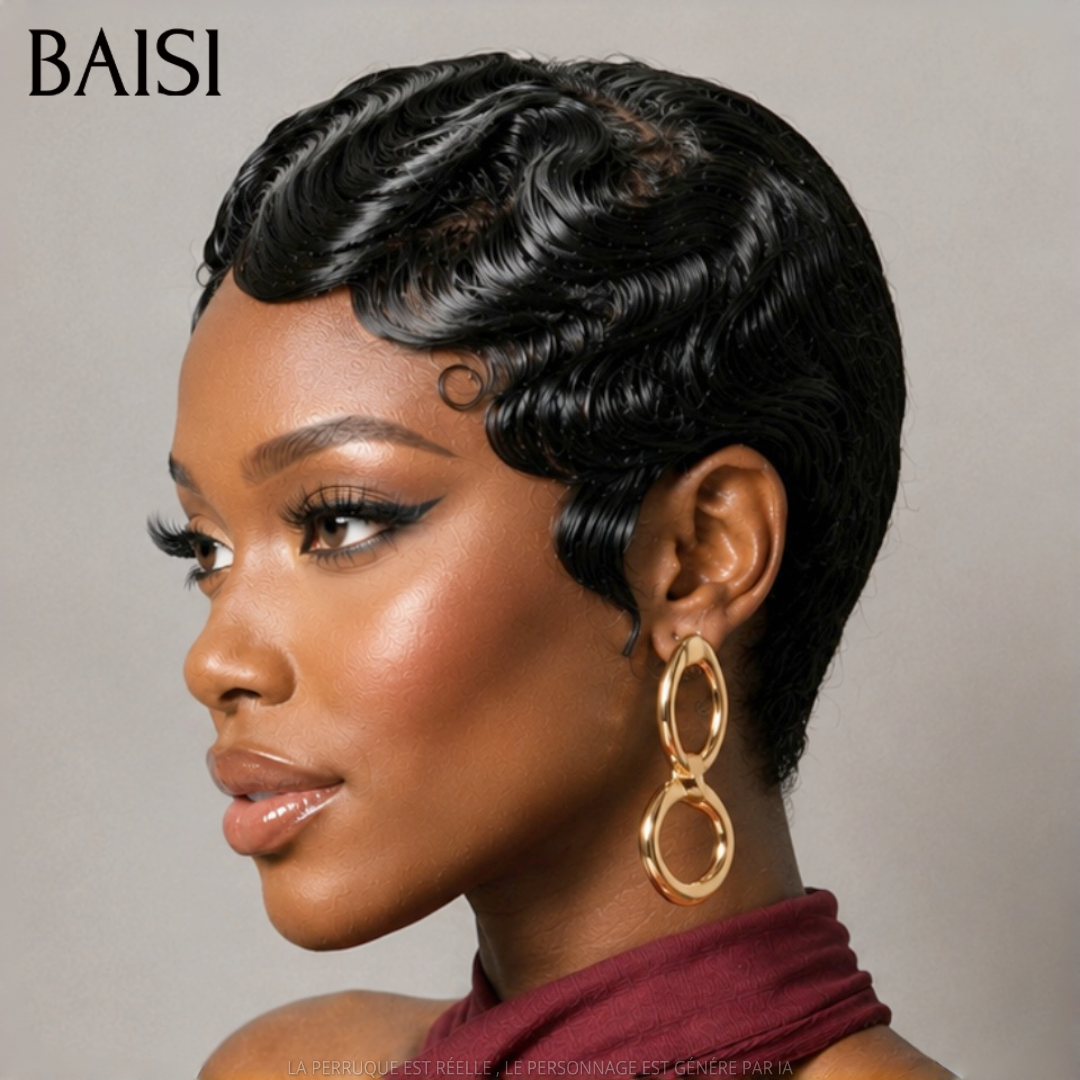 BAISI 13X4 Short Pixie Finger Wave Wig in Pink Color €88 In 100% Human Hair BS50