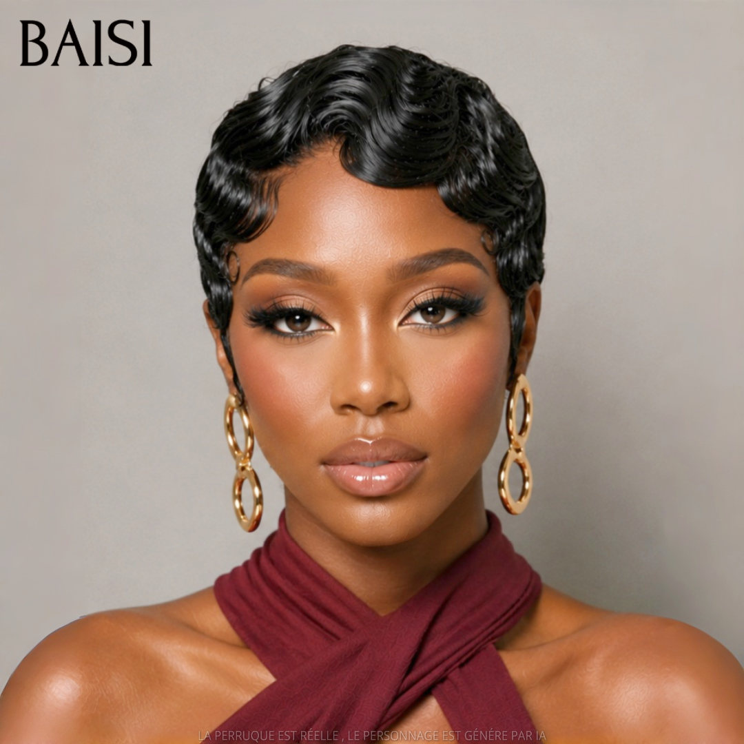 BAISI 13X4 Short Pixie Finger Wave Wig in Pink Color €88 In 100% Human Hair BS50