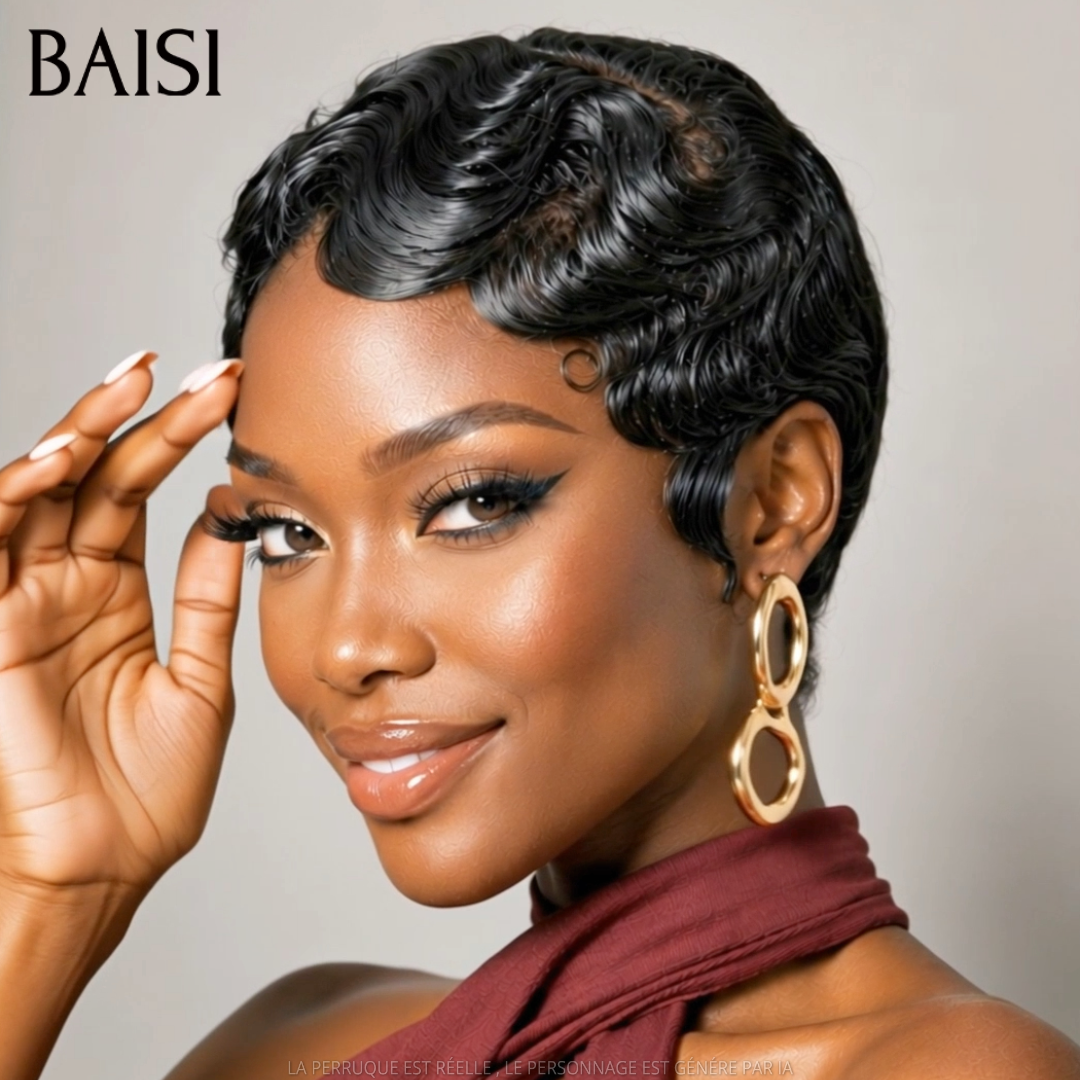 BAISI 13X4 Short Pixie Finger Wave Wig in Pink Color €88 In 100% Human Hair BS50