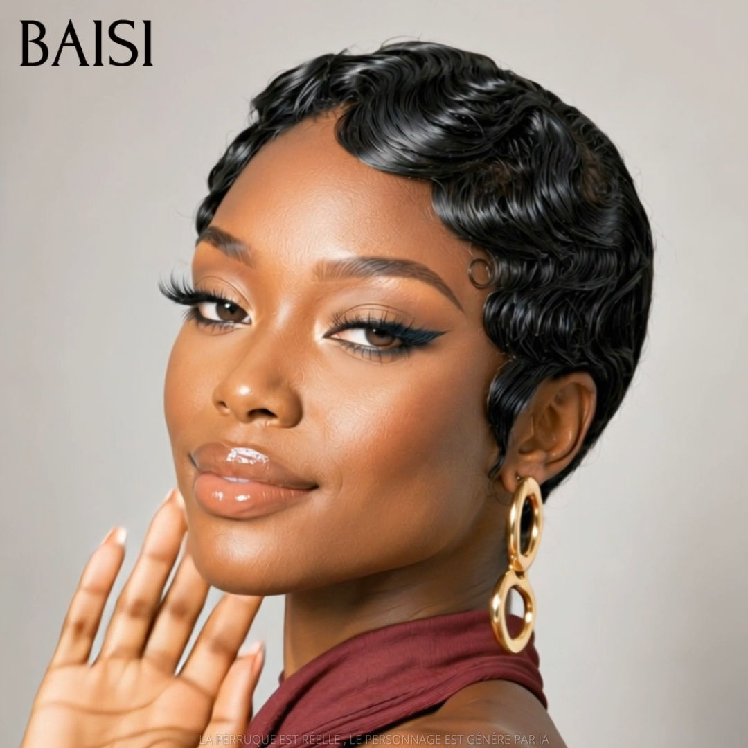 BAISI 13X4 Short Pixie Finger Wave Wig in Pink Color €88 In 100% Human Hair BS50