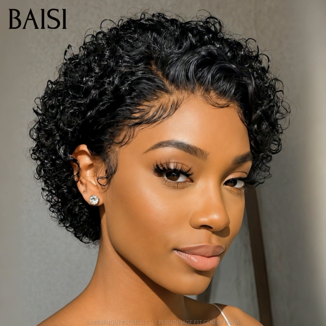 BAISI peruca em cor 1B estilo pixie cacheado ondulado com frontal lace 13x4 em França em 100% cabelo humano