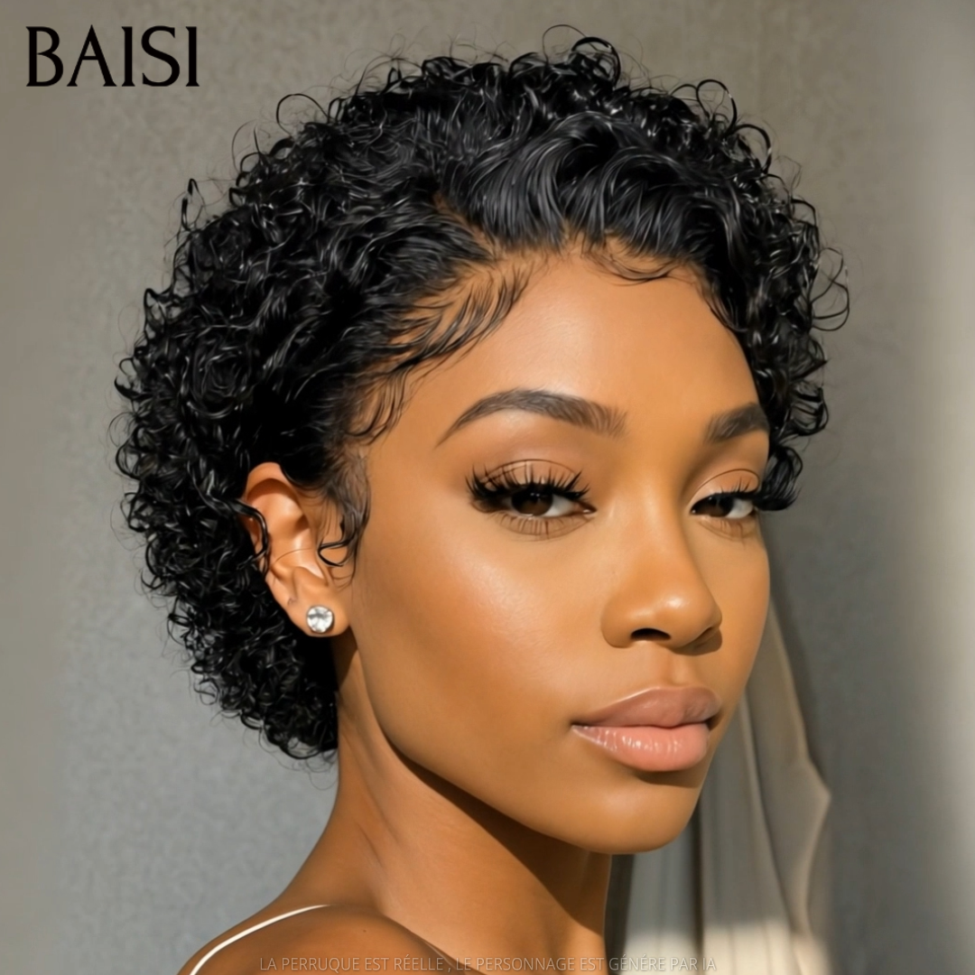 BAISI peruca em cor 1B estilo pixie cacheado ondulado com frontal lace 13x4 em França em 100% cabelo humano