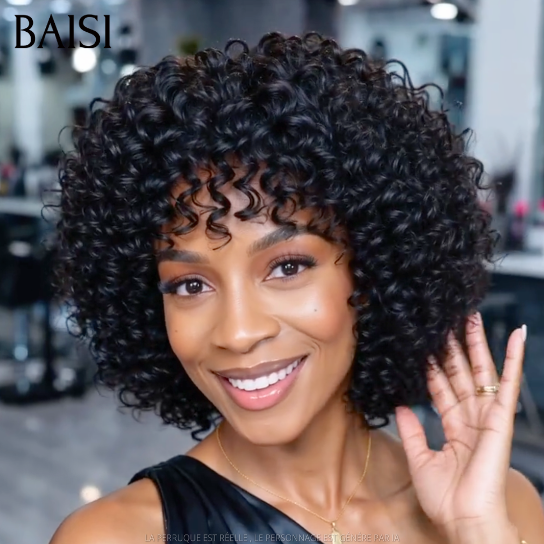 BAISI Perruque Pixie Courte Curly Couleur Noir 60€ Sans Colle Sans Lace Très Bonne Qualité en 100% Cheveux humains