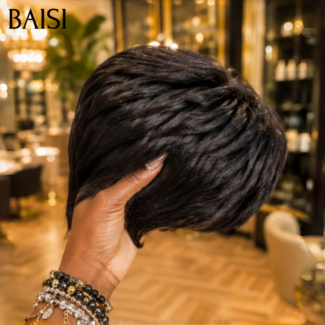 BAISI Collection Perucas Sal e Pimenta pixie liso cinzento, sofisticação, elegância madura e natural, estilo parisiense intemporal em 100% Cabelo Humano ou pixie PRETO 45€ BS30