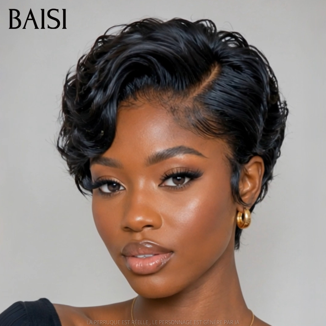 BAISI 13x4 Frontal Peruca pixie lisa preta 68€ em França em 100% cabelo humano verdadeiro