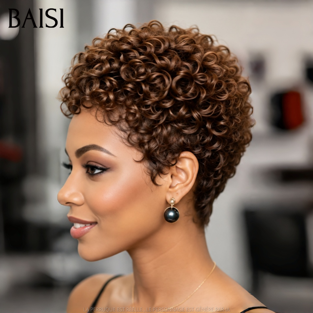 BAISI Perruque Pixie Curly Courte Marron 68€ Sans Colle Sans Lace Pratique Au Quotidien en 100% Cheveux humains
