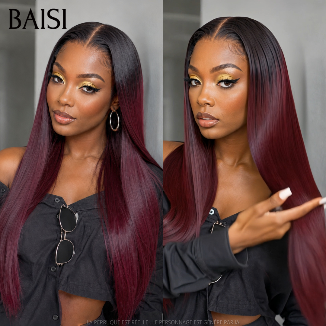 BAISI 2X6 Perruques de Luxe Noir et Rouge Bordeaux 1B/99J# Haute Qualité 250% Densité 100% Vietnam Hair HDD Bone Straight 100% Cheveux Humains