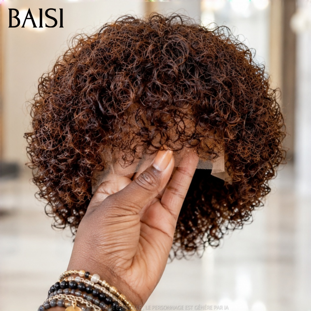 BAISI Perruque Pixie Boucle Wave  Marron 4# 65€ Sans Colle Sans Lace Choix Idéal Pour Sois ou Pour Offrir en Cadeaux en 100% Cheveux humains