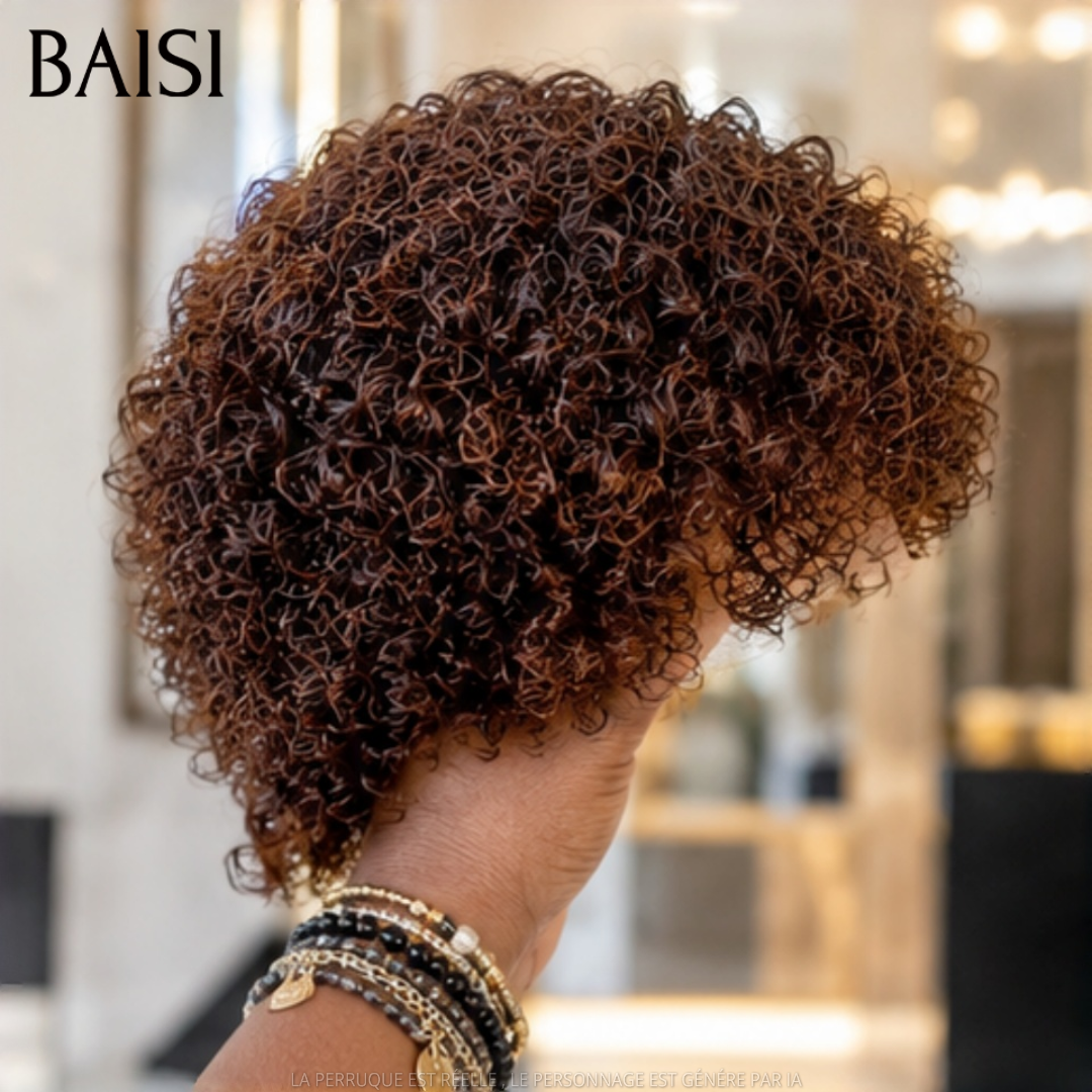 BAISI Perruque Pixie Boucle Wave  Marron 4# 65€ Sans Colle Sans Lace Choix Idéal Pour Sois ou Pour Offrir en Cadeaux en 100% Cheveux humains