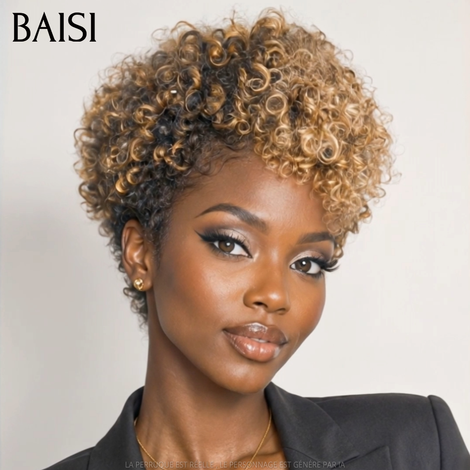 BAISI Perruque Pixie curly Courte Couleur Miel et Noir 1B/27# 68€ Sans Colle Sans Lace Idéale Pour la Plage Très Bonne qualité en 100% Cheveux humains