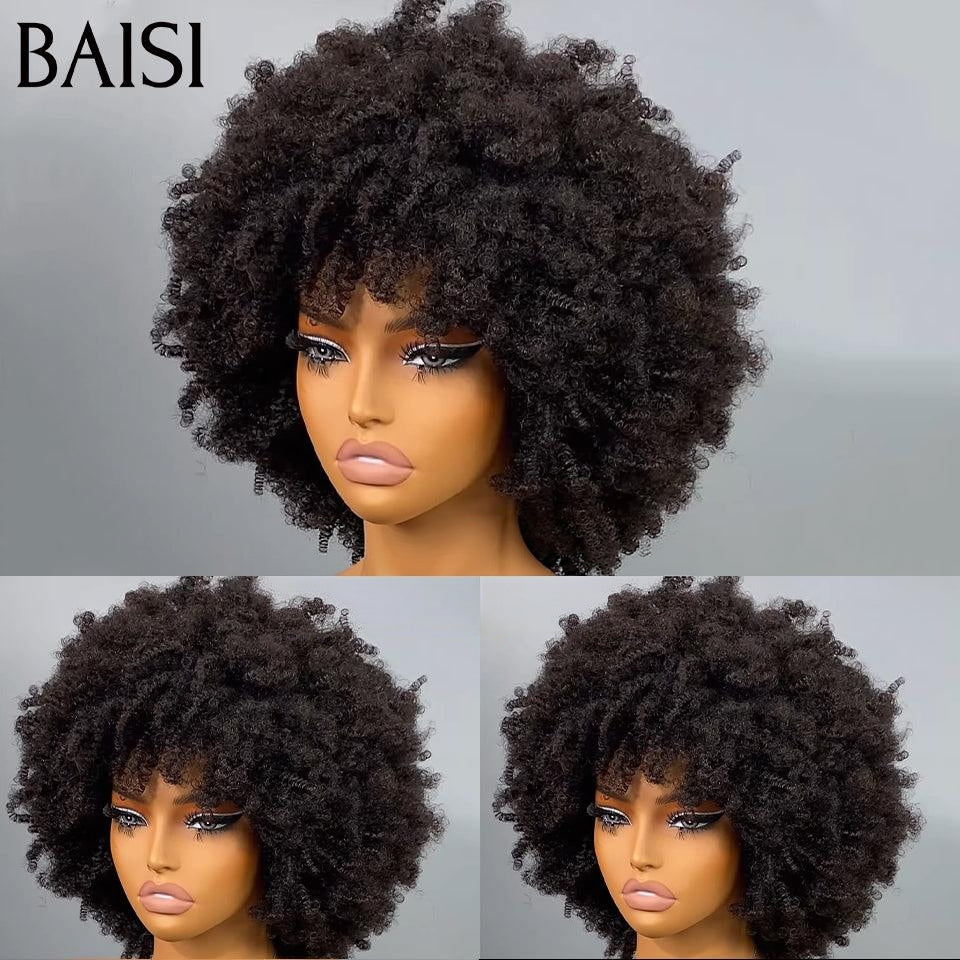 BAISI Perruque Pixie Afro avec Frange en couleur noir sans colle 100% Cheveux Humains Fabriqué à la Machine BS65