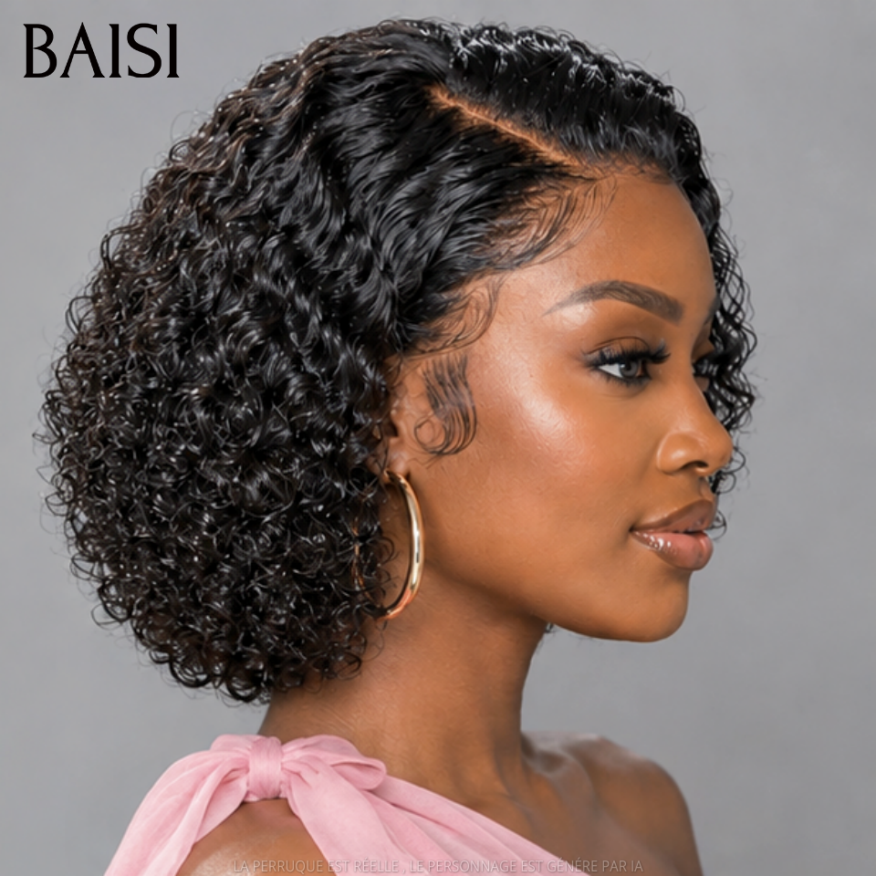 BAISI Peruca bob afro encaracolada com lace frontal 10 polegadas 68€ cor preta em 100% cabelo humano