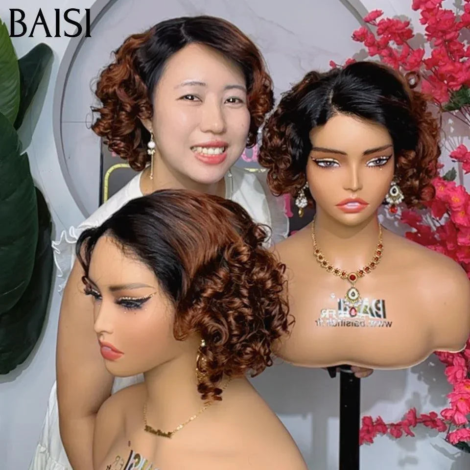 BAISI Perruque Marron 13X4 lace Frontale 10 Pouces 76€ ou 4X4 lace Pixie en Couleur  1B33# EGG wave F-025 en 100% Cheveux Humains