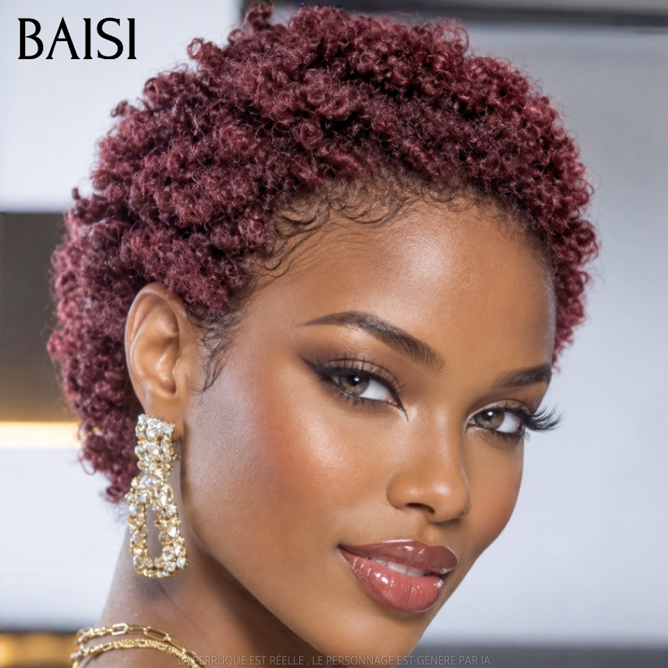 BAISI 2 Pixie Courte 78€ Sans Colle Marron et Bordeaux en 100% Cheveux Humains