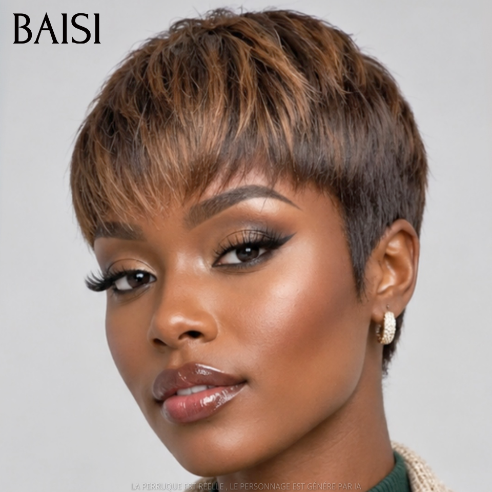 BAISI 2 Pixie Courte 78€ Sans Colle Marron et Bordeaux en 100% Cheveux Humains