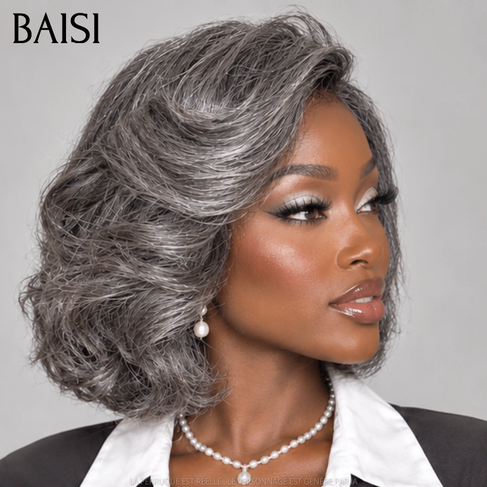 BAISI Collection Sal e Pimenta 13X4 Peruca 95€ Bob Encaracolado Liso Preto Mesclado Cinzento Pré-despontado Sem Necessidade de Cola em 100% Raw Hair Lace já Cortado
