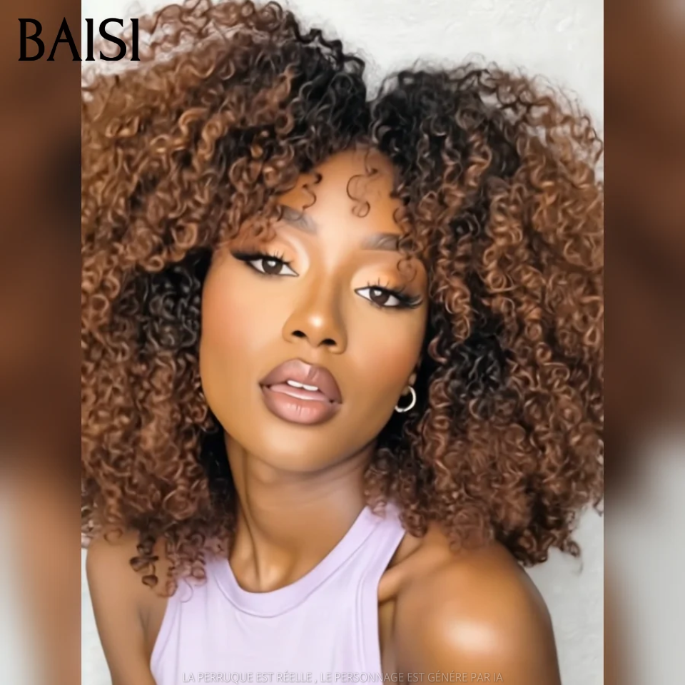 BAISI Perruque 100% identique BOB Prêt-à-porter kinky curly avec Frange 14 Pouces 400% Volume Super ébouriffée couleur Marron 1BT4# sans Colle Aéré sans être chaud en 100% Cheveux Humains